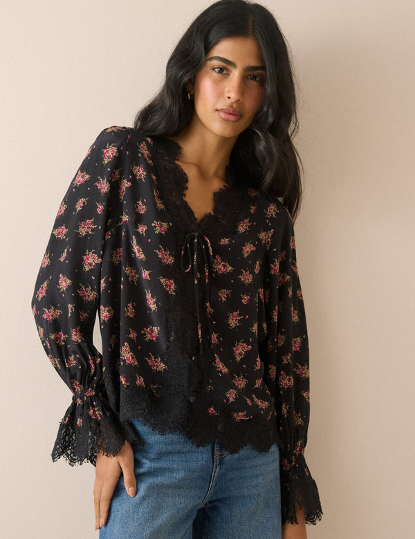 Black floral satin blouse with lace trim