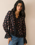 Black floral satin blouse with lace trim