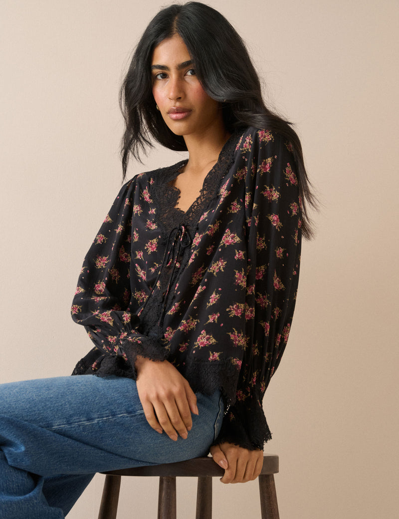 Black floral lace trim blouse with long sleeves