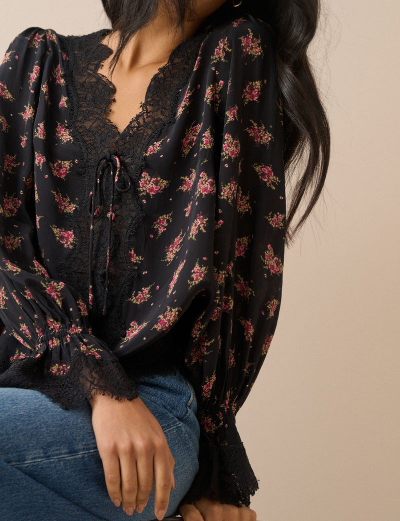 Lace trim detail on black floral blouse