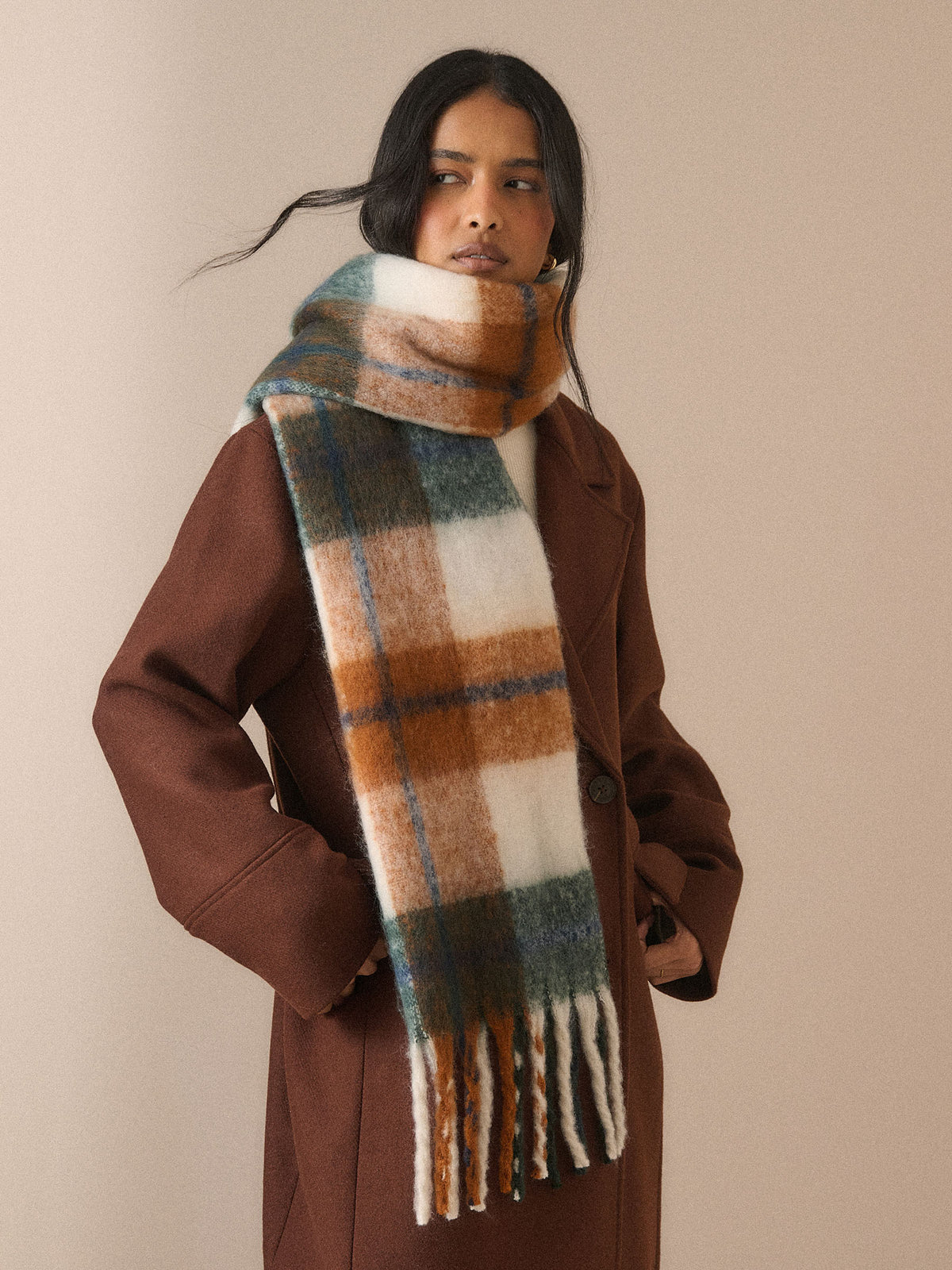 Tan and Green Check Blanket Scarf