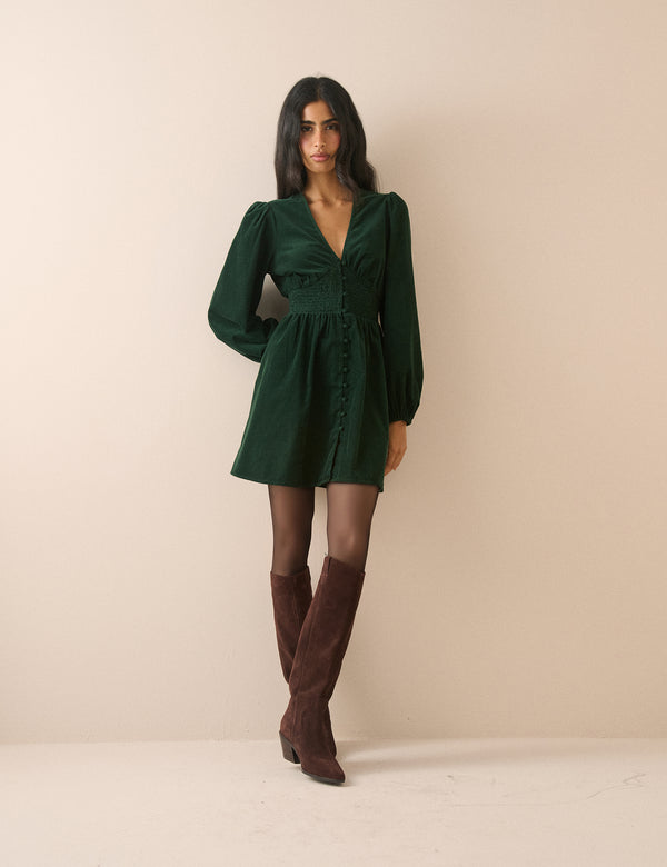 Emerald Green Balloon Sleeve Riley Cord Mini Dress