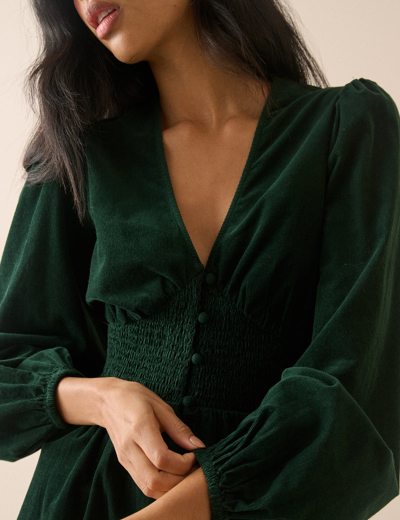 Emerald Green Balloon Sleeve Riley Cord Mini Dress