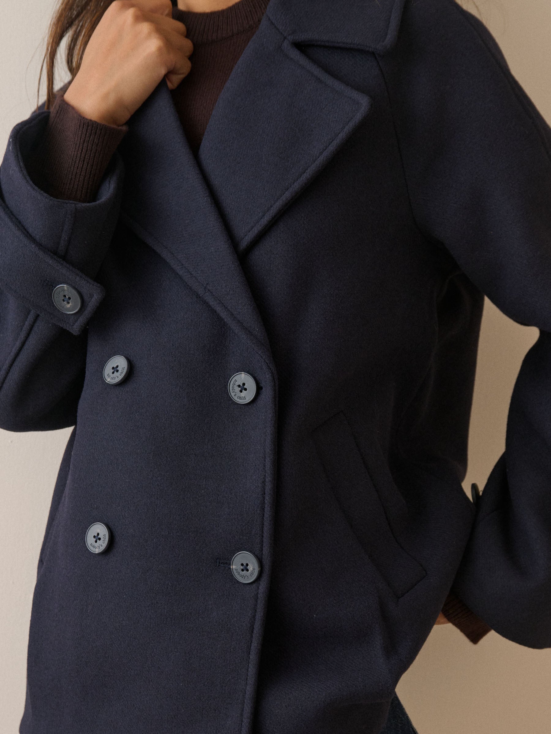 Navy Oversized Collar Wool-Blend Peacoat