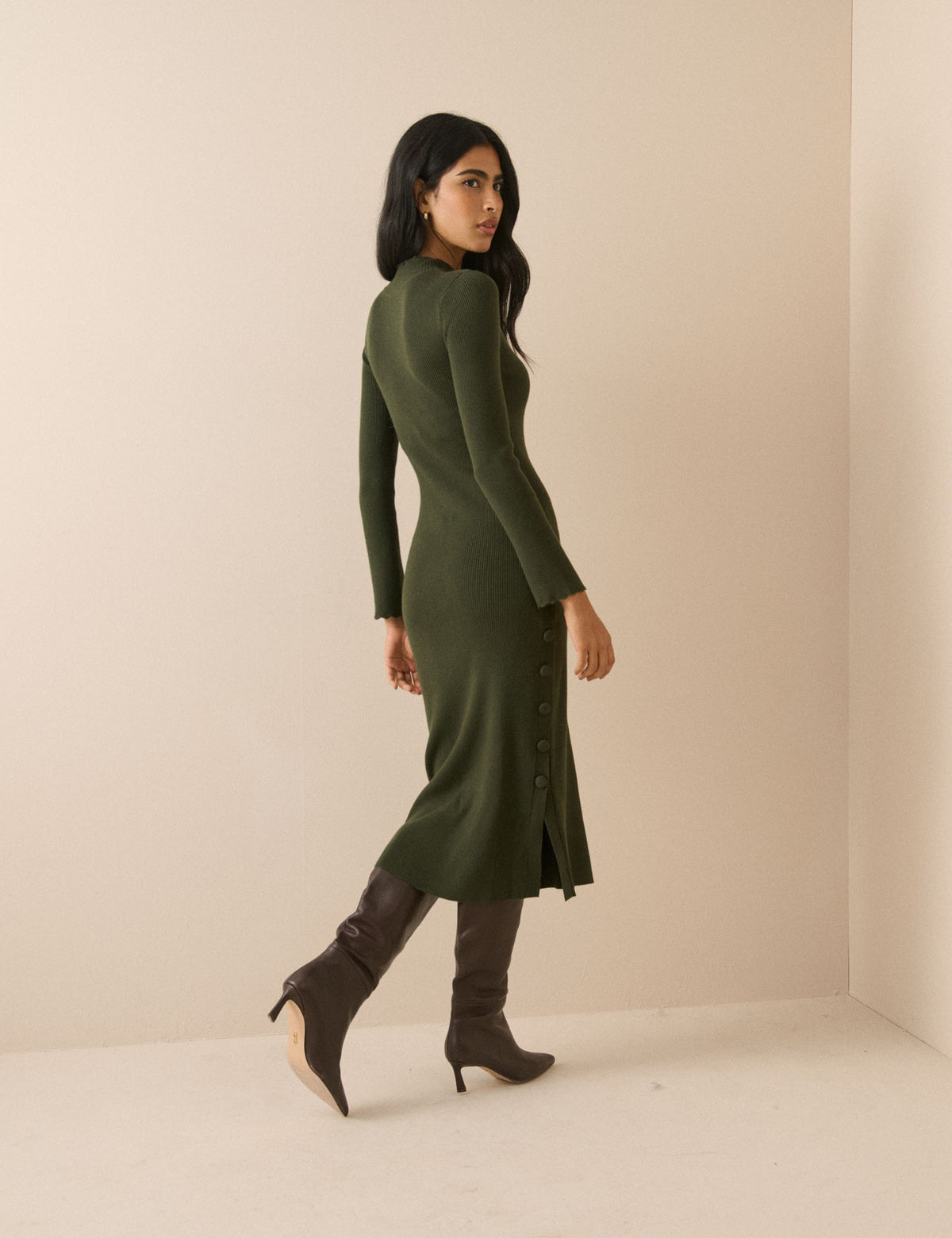 Khaki Ribbed Knitted Midi Dress