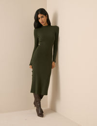 Khaki Ribbed Knitted Midi Dress