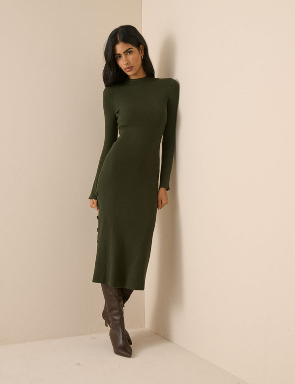 Khaki Ribbed Knitted Midi Dress