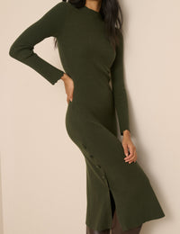 Khaki Ribbed Knitted Midi Dress