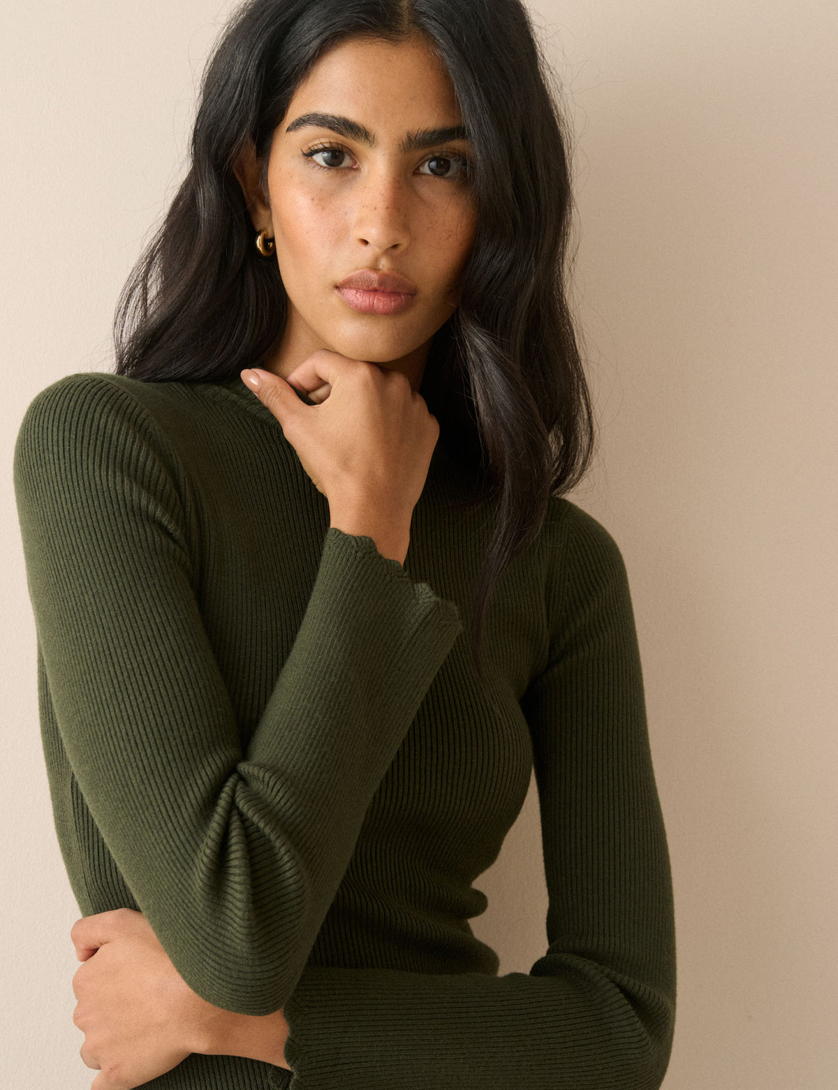 Khaki Ribbed Knitted Midi Dress