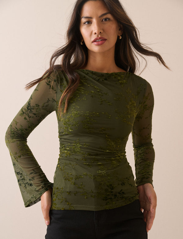 Khaki Floral Mesh Long Sleeve Top