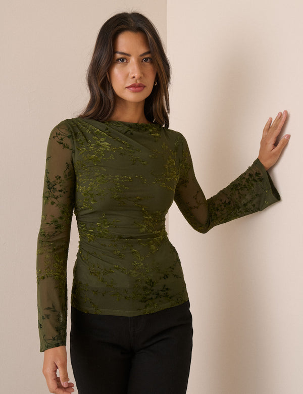 Khaki Floral Mesh Long Sleeve Top