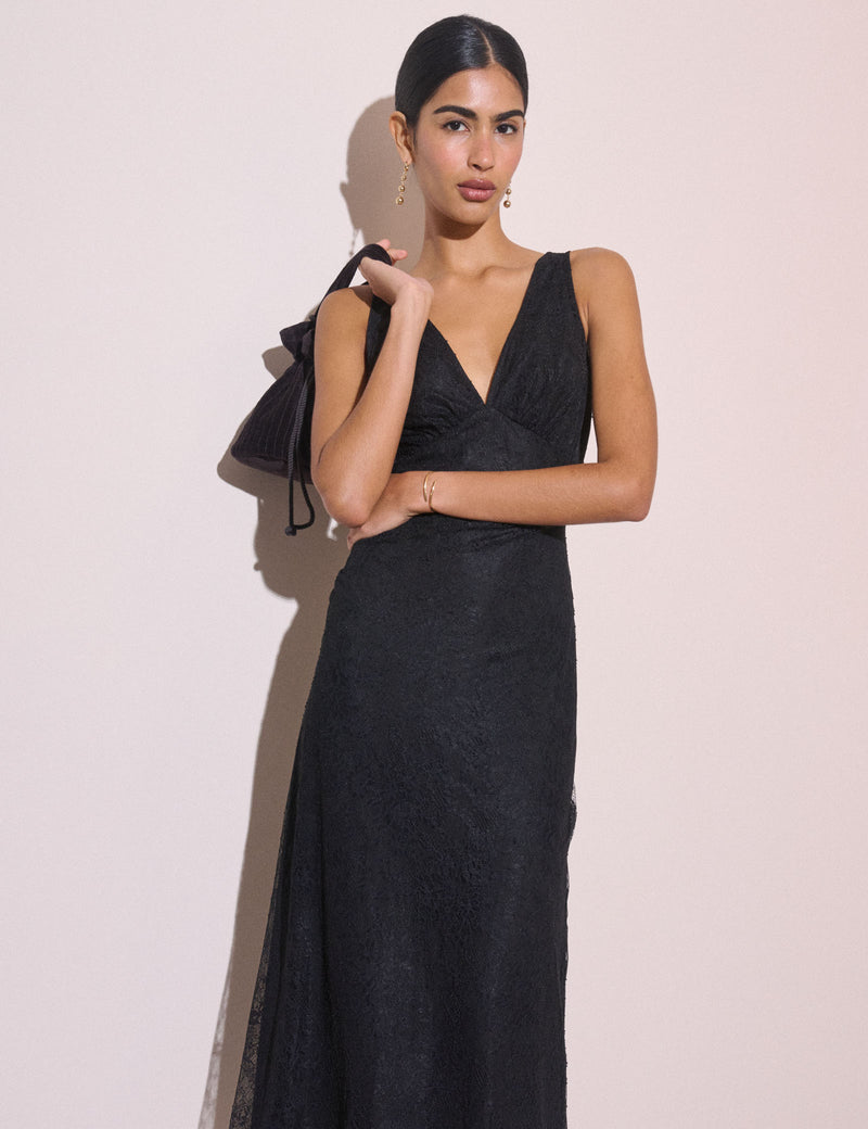 Black Lace V-Neck Joey Midi Dress