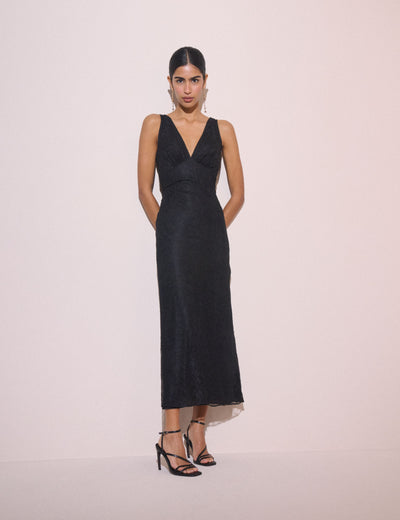 Black lace sleeveless V-neck midi dress