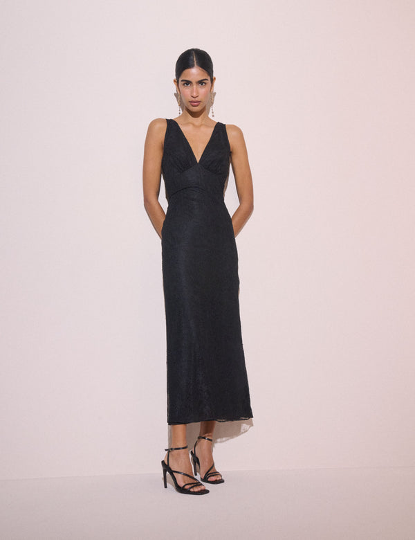 Black Lace V-Neck Joey Midi Dress