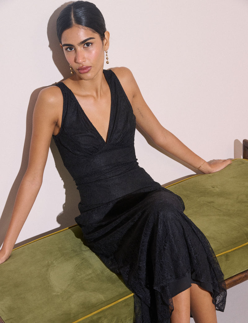 Black Lace V-Neck Joey Midi Dress