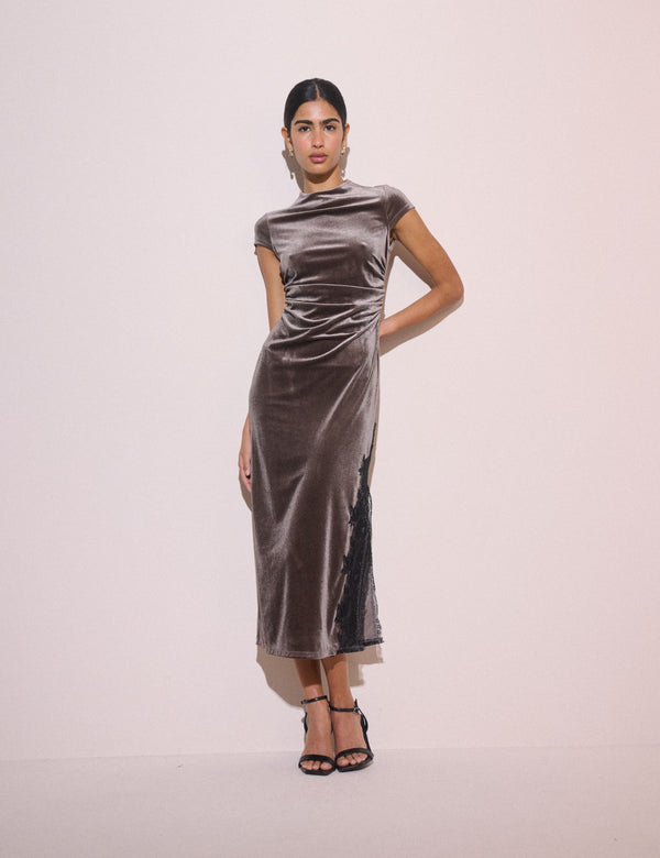 Taupe Velvet Manon Midi Dress