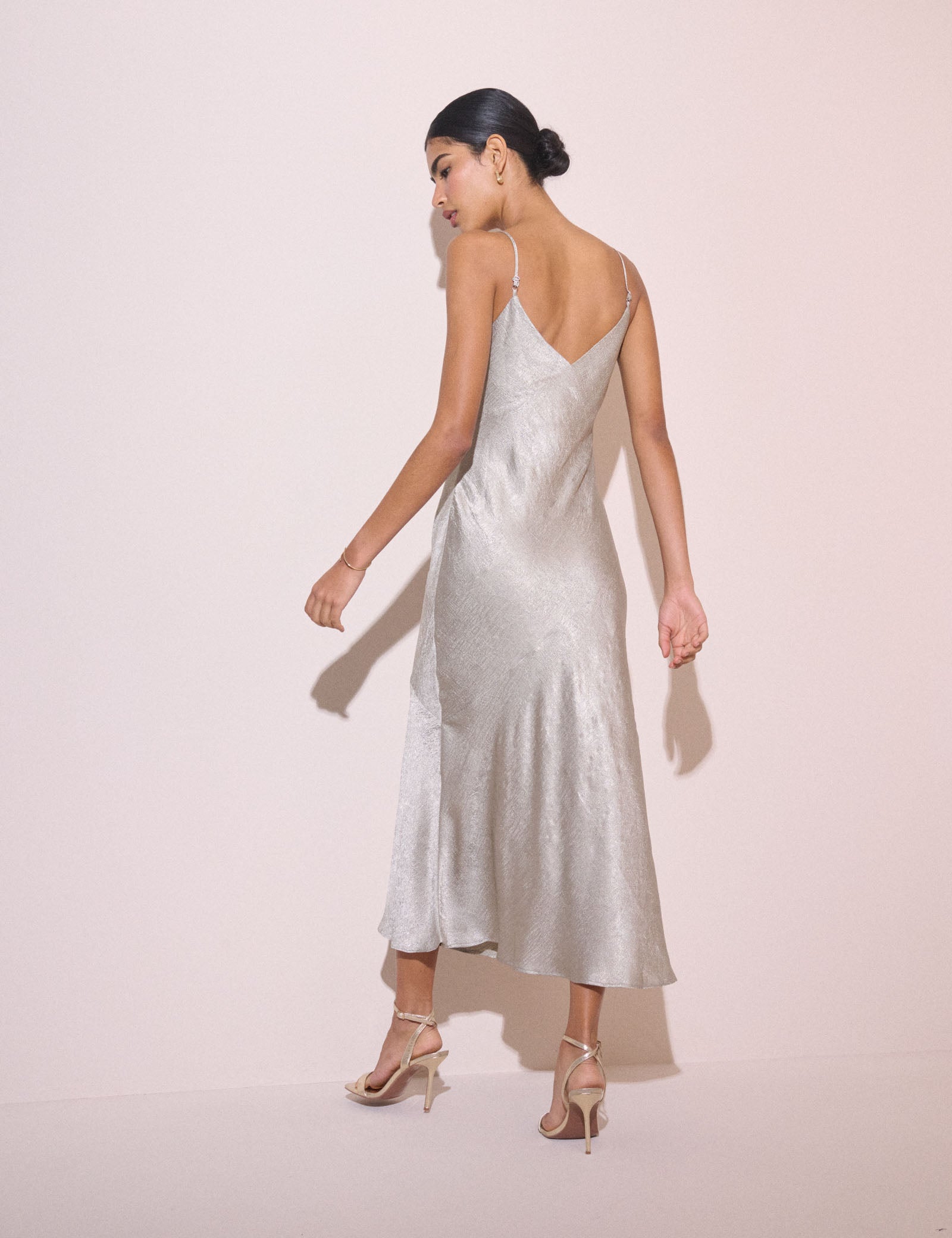 Silver Jacquard Satin Tiffany Midi Slip Dress