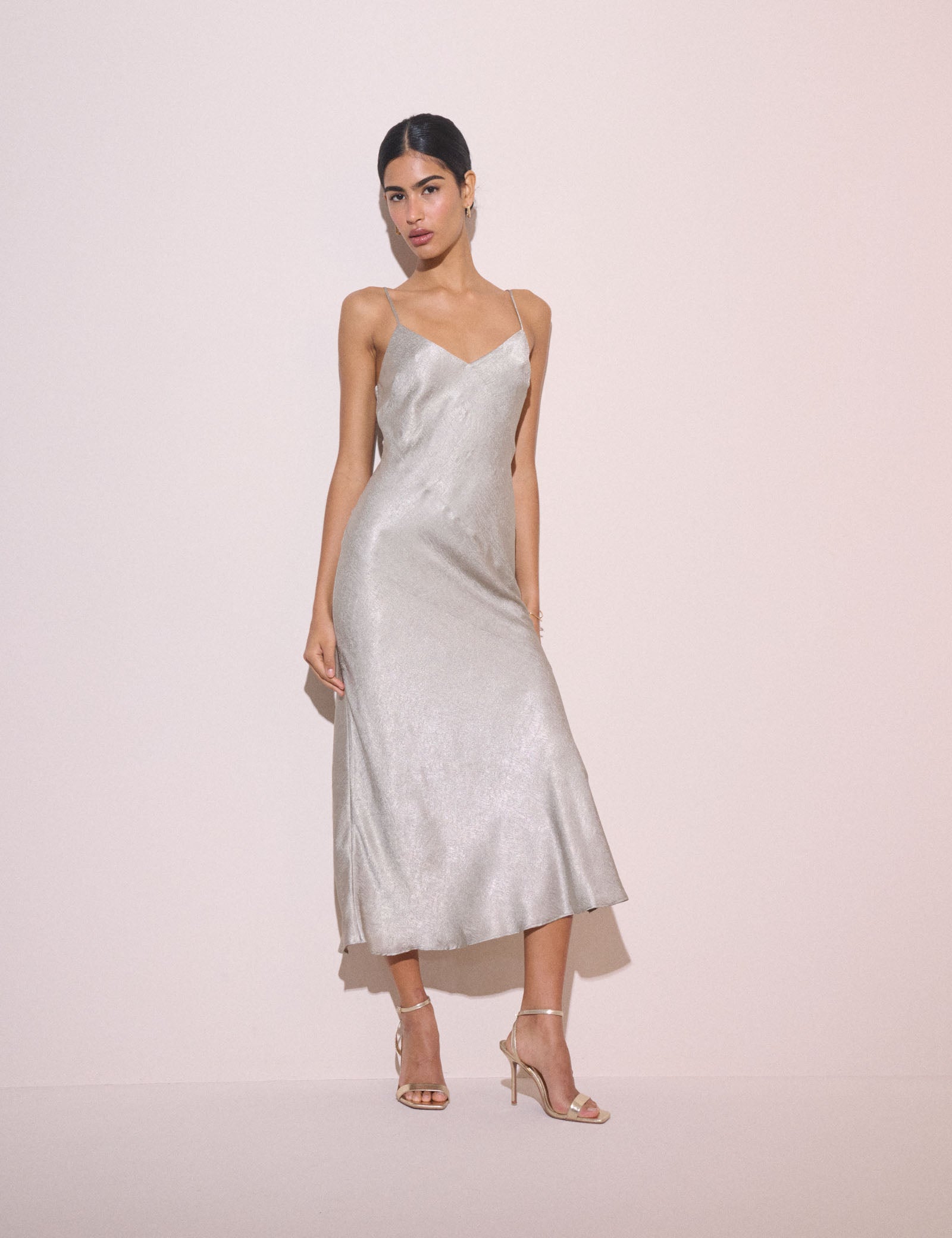 Silver Jacquard Satin Tiffany Midi Slip Dress