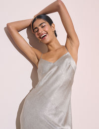 Silver Jacquard Satin Tiffany Midi Slip Dress
