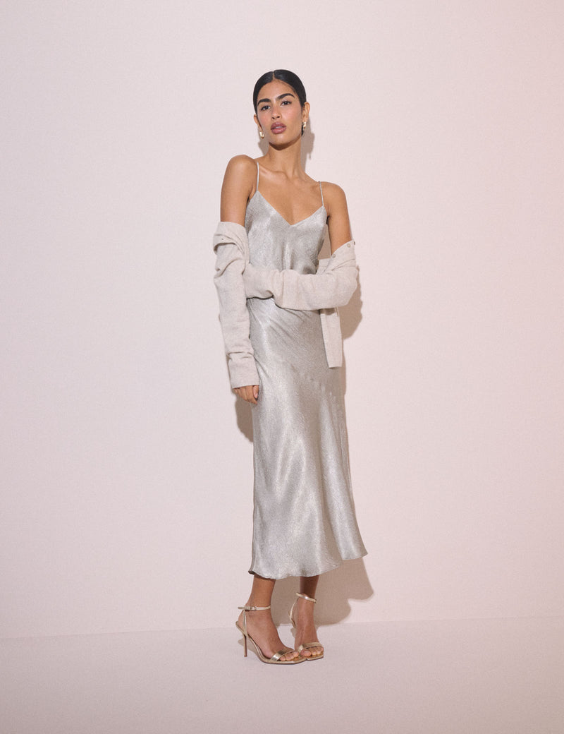 Silver Jacquard Satin Tiffany Midi Slip Dress