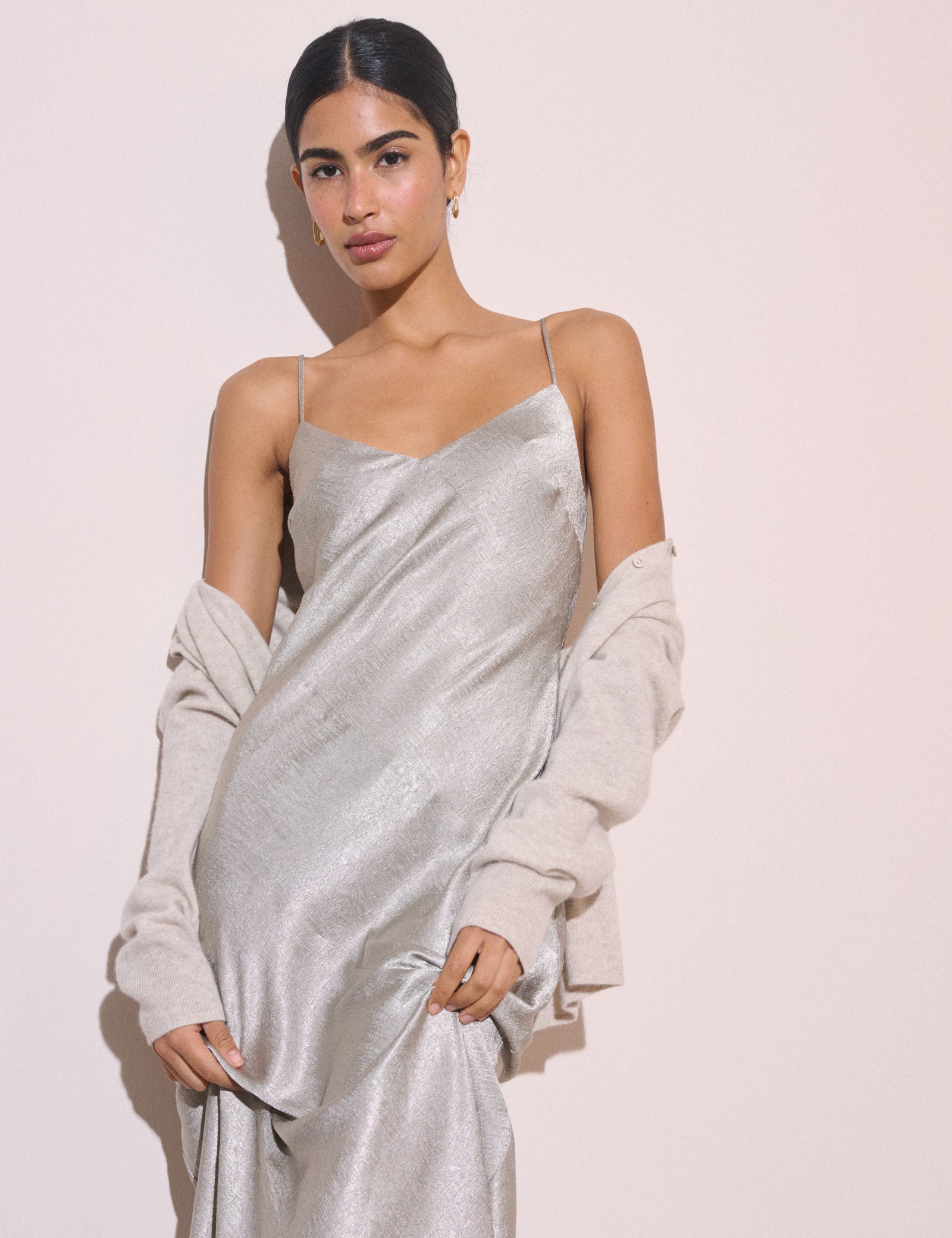 Silver Jacquard Satin Tiffany Midi Slip Dress