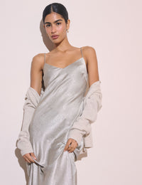 Silver Jacquard Satin Tiffany Midi Slip Dress