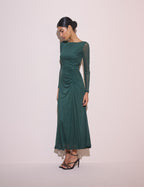 Dark teal ruched midi dress with long sleeves