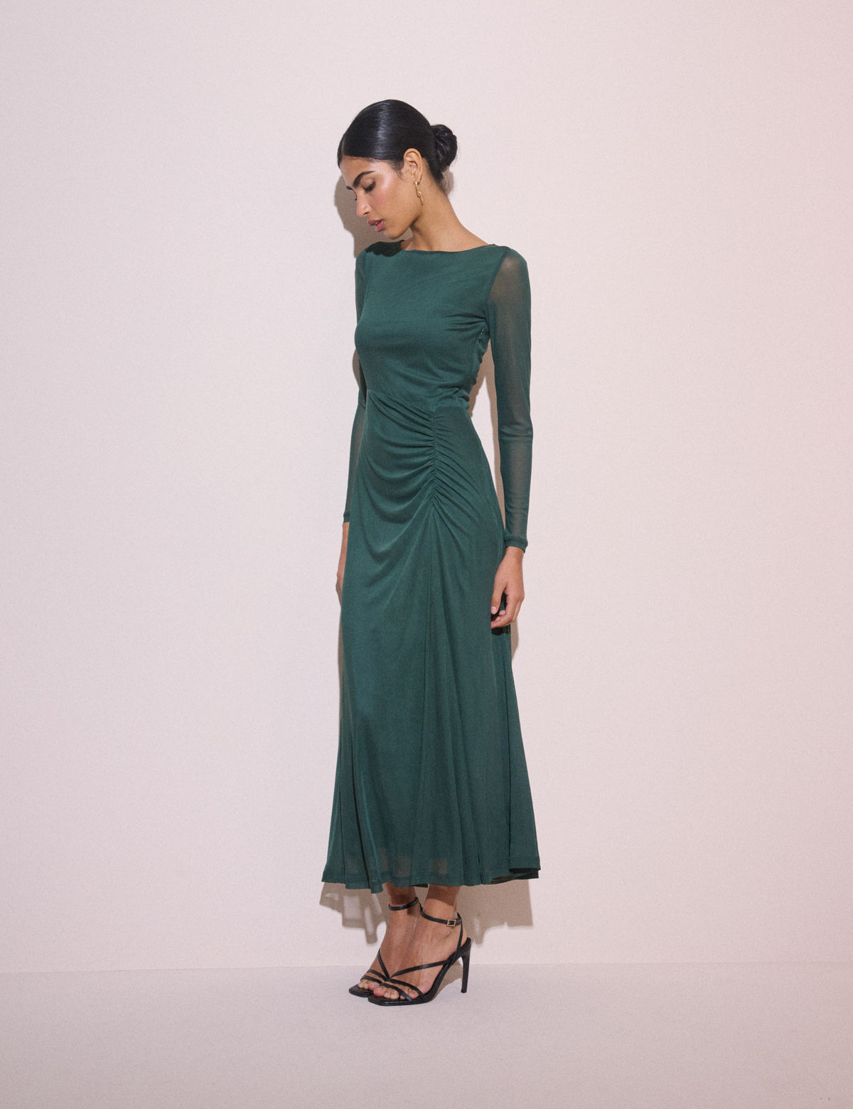 Dark teal ruched midi dress with long sleeves