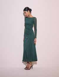 Dark teal ruched midi dress with long sleeves