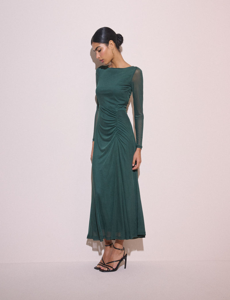 Dark teal ruched midi dress with long sleeves