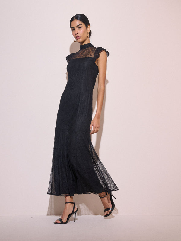 Black Floral Lace Katell Midi Dress