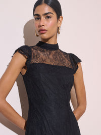 Black Floral Lace Katell Midi Dress