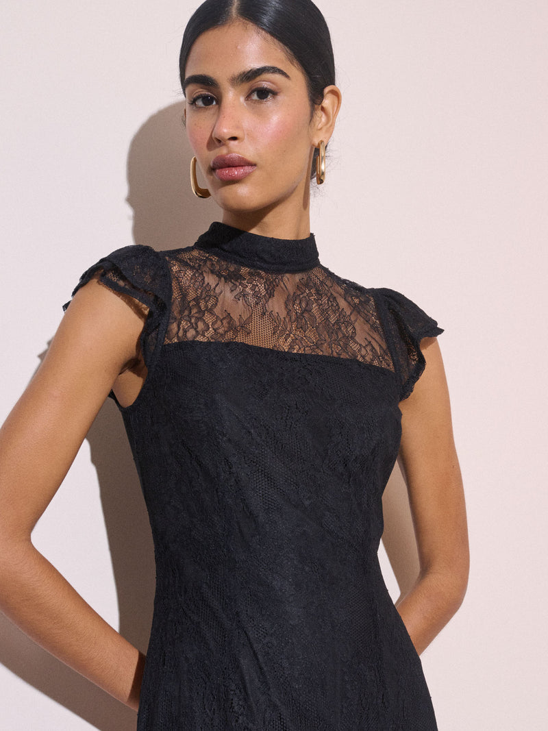 Black Floral Lace Katell Midi Dress
