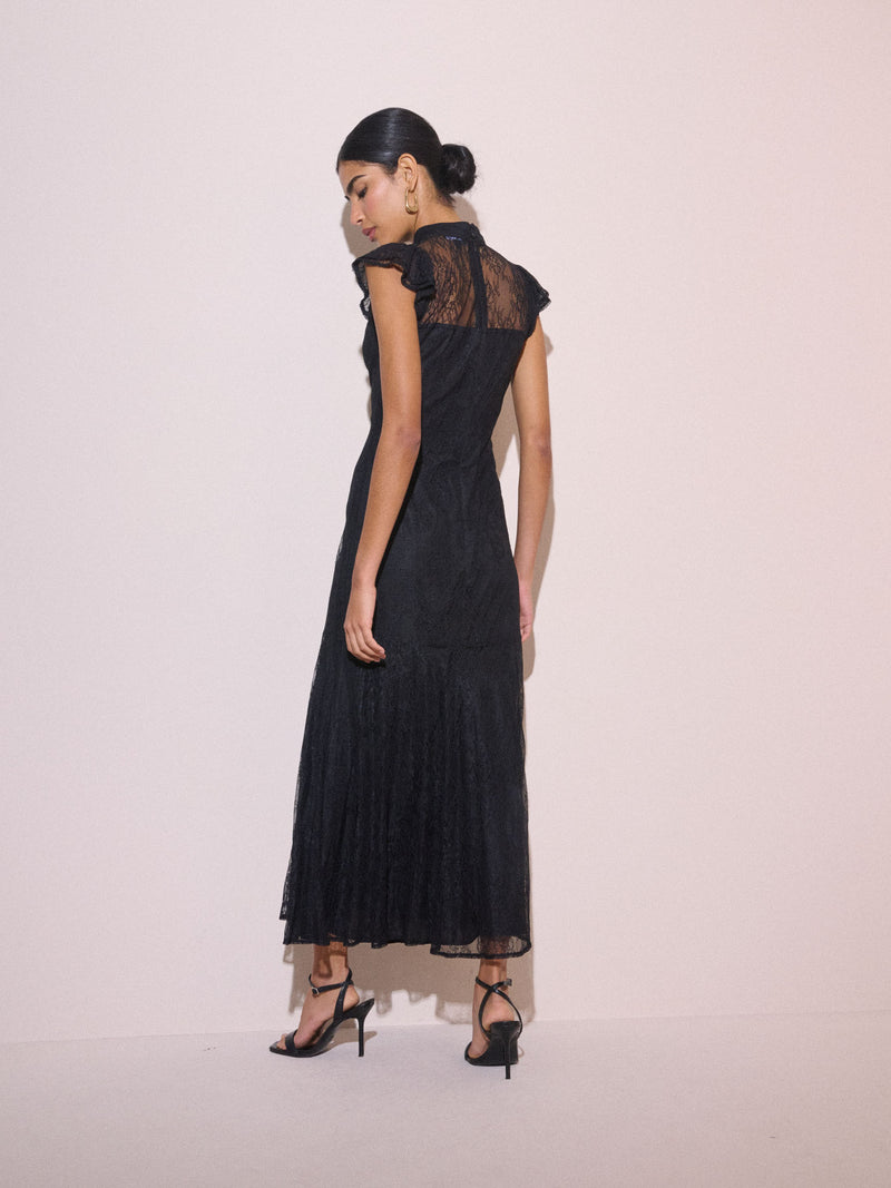 Black Floral Lace Katell Midi Dress