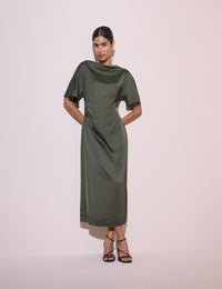 Olive Green Ruched Satin Britney Midi Dress
