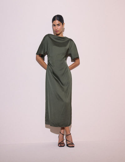 Olive Green Ruched Satin Britney Midi Dress