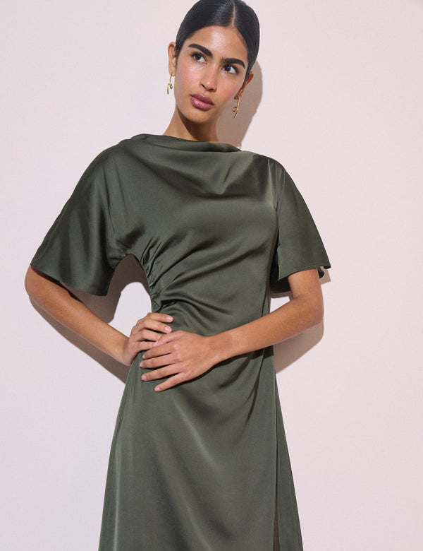 Olive Green Ruched Satin Britney Midi Dress