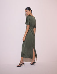 Olive Green Ruched Satin Britney Midi Dress