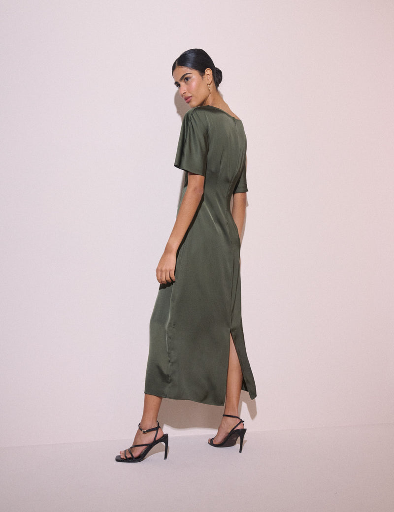 Olive Green Ruched Satin Britney Midi Dress