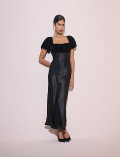 Black satin puff sleeve midi dress