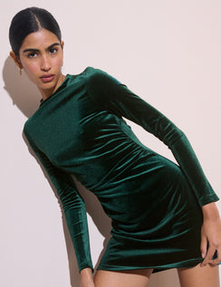 Emerald green velvet mini dress with long sleeves