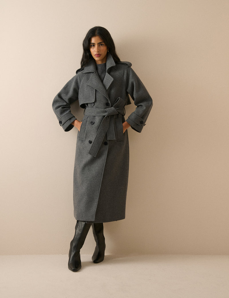 Grey Double-Breasted Wool Trench Coat