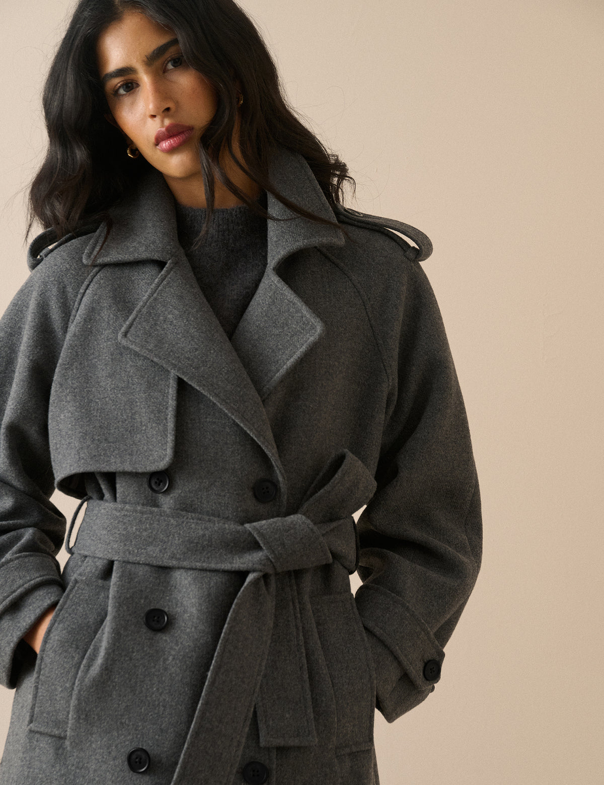 Grey Double-Breasted Wool Trench Coat