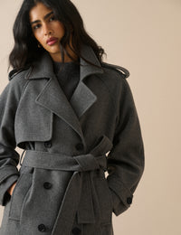 Grey Double-Breasted Wool Trench Coat