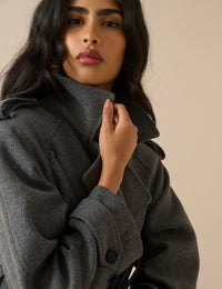 Grey Double-Breasted Wool Trench Coat