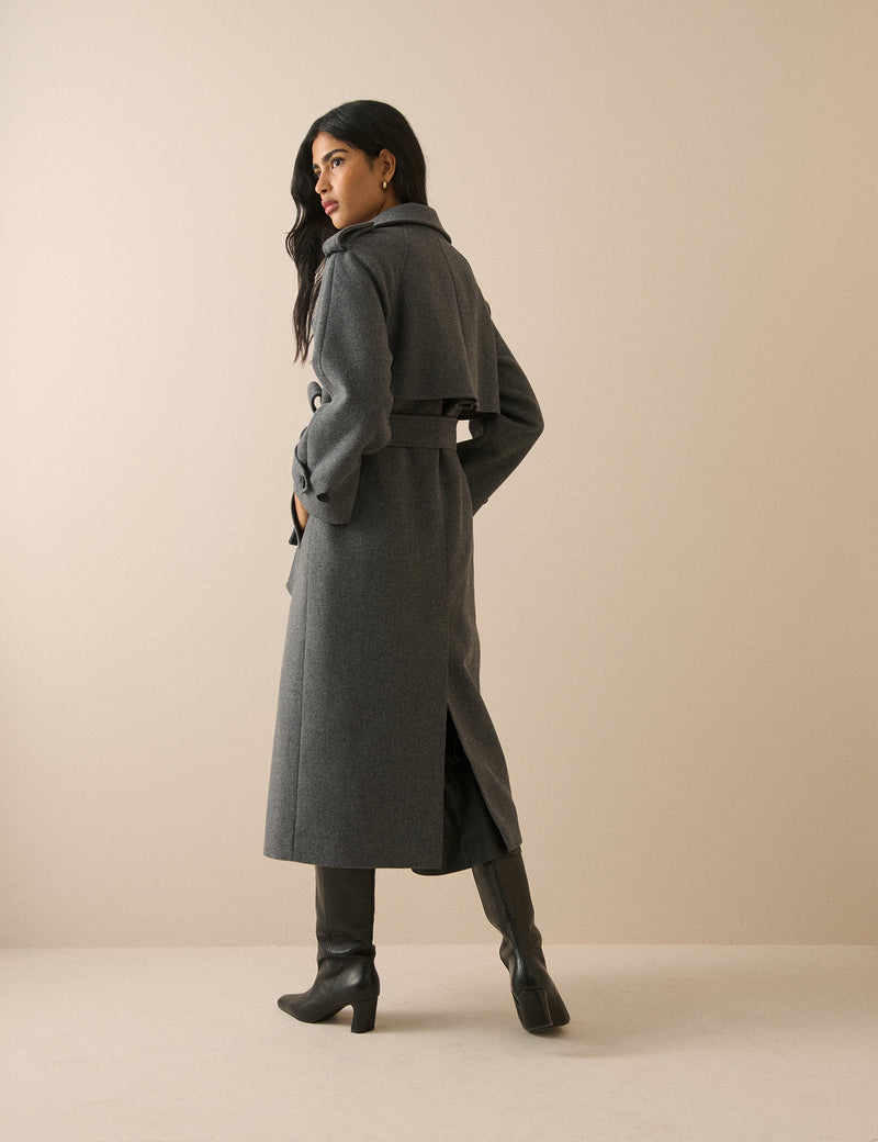 Grey Double-Breasted Wool Trench Coat