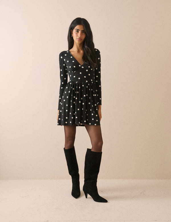 Black Polka Dot Jersey Long Sleeve Addison Midi Dress