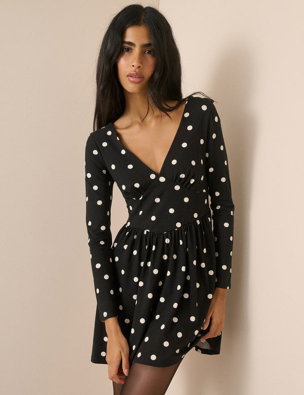 Black Polka Dot Jersey Long Sleeve Addison Midi Dress