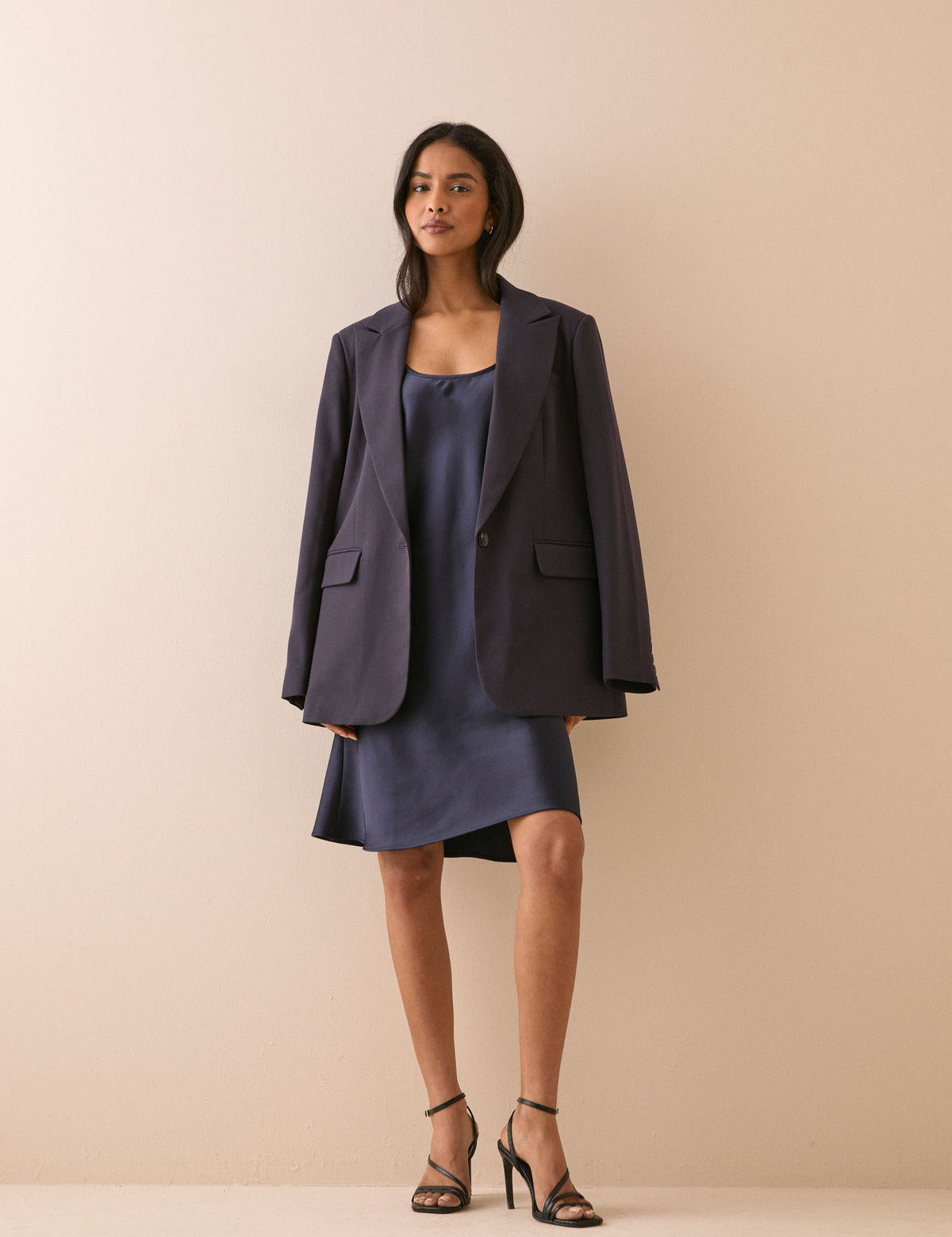 Navy Scoop Neck Satin Knee Length Mini Dress