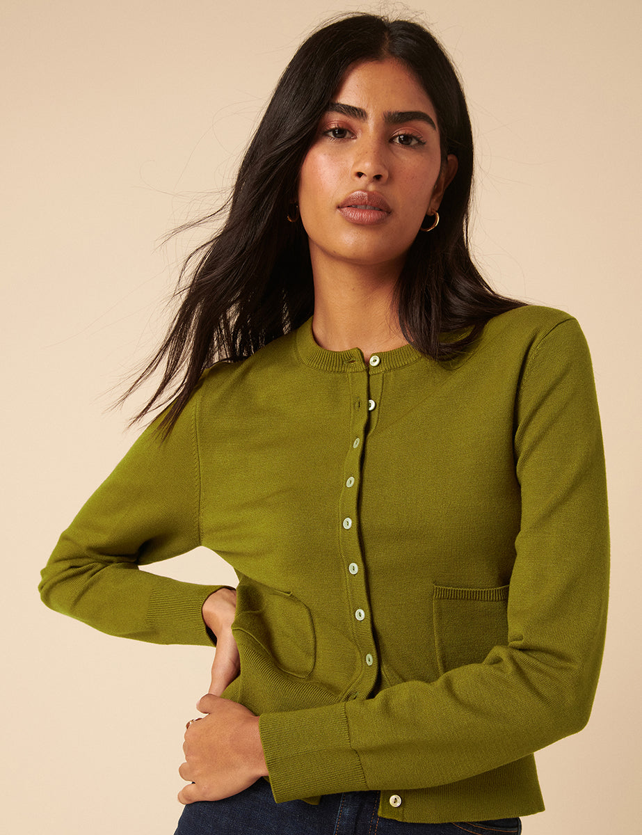 Green Crew Neck Cardigan